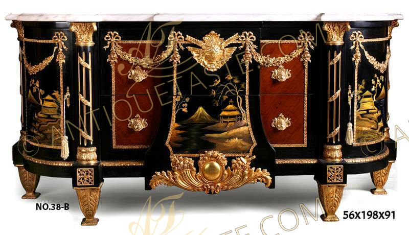 A French Louis XVI style ormolu-mounted japanese lacquer and ebony D shaped Sideboard, on the manner of  Jean-Henri Riesener model, Circa 1890, surmounted by a stepped breakfront eared marble top, centered to the front by a pair of veneer inlaid drawers headed by an ormolu sunburst winged cartouche mount and ribbon-tied floral garlands, with central break-fronted panel hand painted with pavilions scenes, above a fleur-de-lys-studded ormolu globe and cornucopia mount, the drawers are surrounded with hammered ormolu band to the contour, flanked to each side by gilt-fluted ormolu entwined colonnettes supports with an ormolu Corinthian capitals. On each hand-painted cupboard door with pavilions scenes as well, hung with ribbon-suspended laurel garlands and another two columns to the far corners. The shaped base with hammered ormolu filet and break-fronted blocks ornamented with ormolu pierced rosettes and raised on tapering acanthus-mounted feet